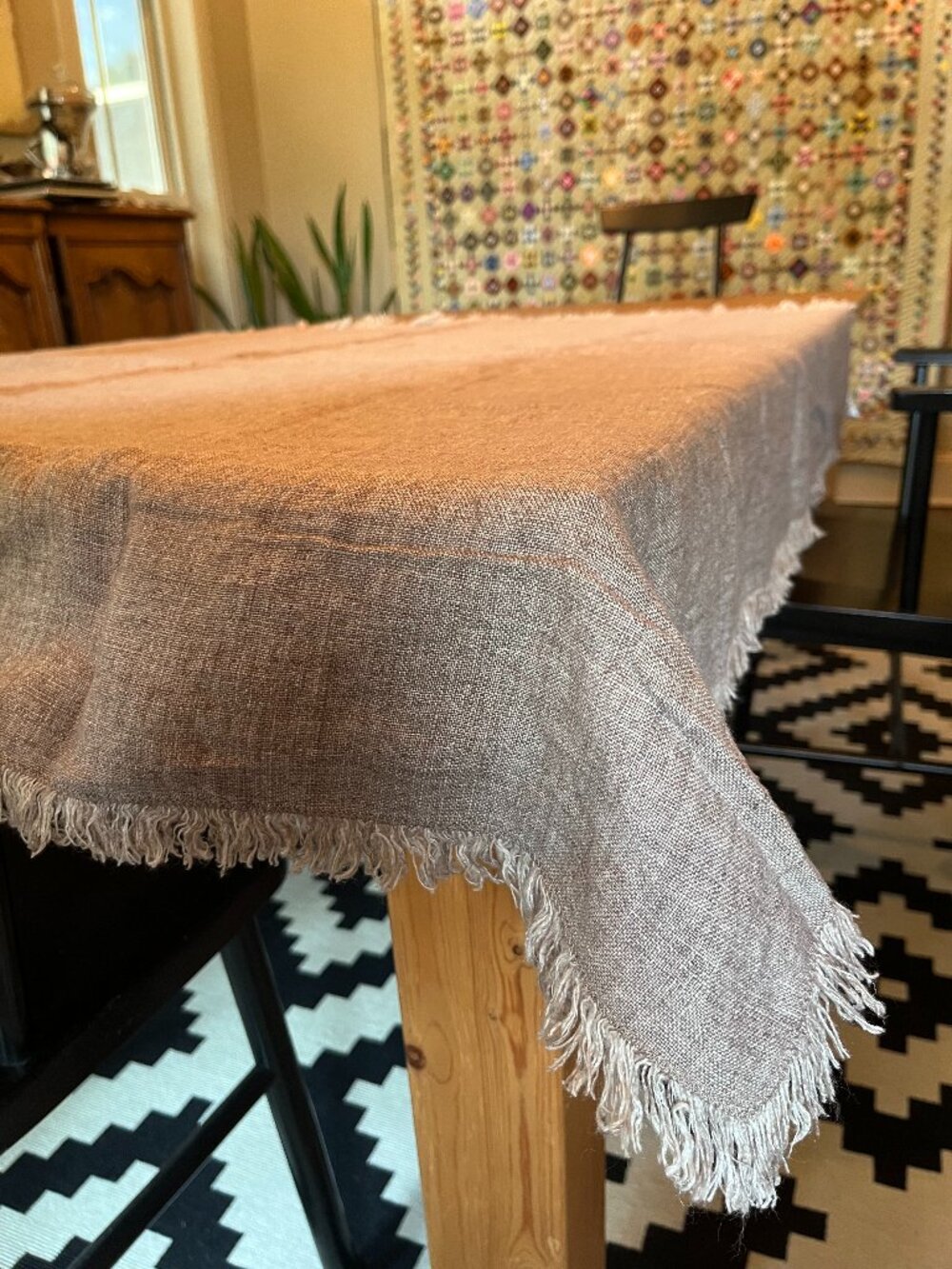 Pottery Barn Frayed Linen Table Throw FLAX Tablecloth Fringed Edge 50x50 NWOT